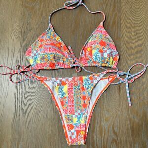 Womens Patchwork Floral Triangle Bikini Set Multicolor Side Tie Swimsuit Size L